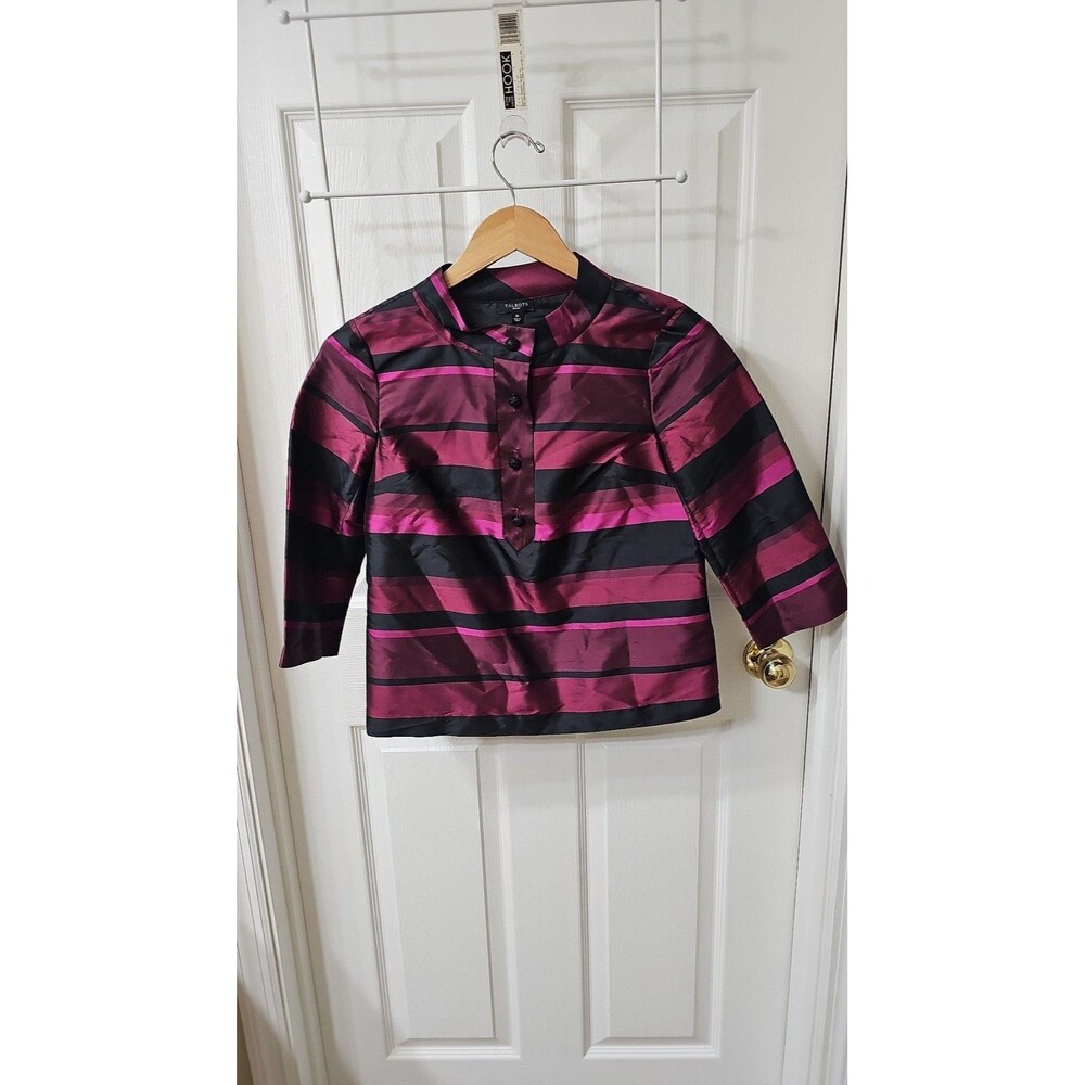 Talbots Petites 100% Silk Striped 3/4 Sleeve Blouse with Jeweled Buttons Size 2P